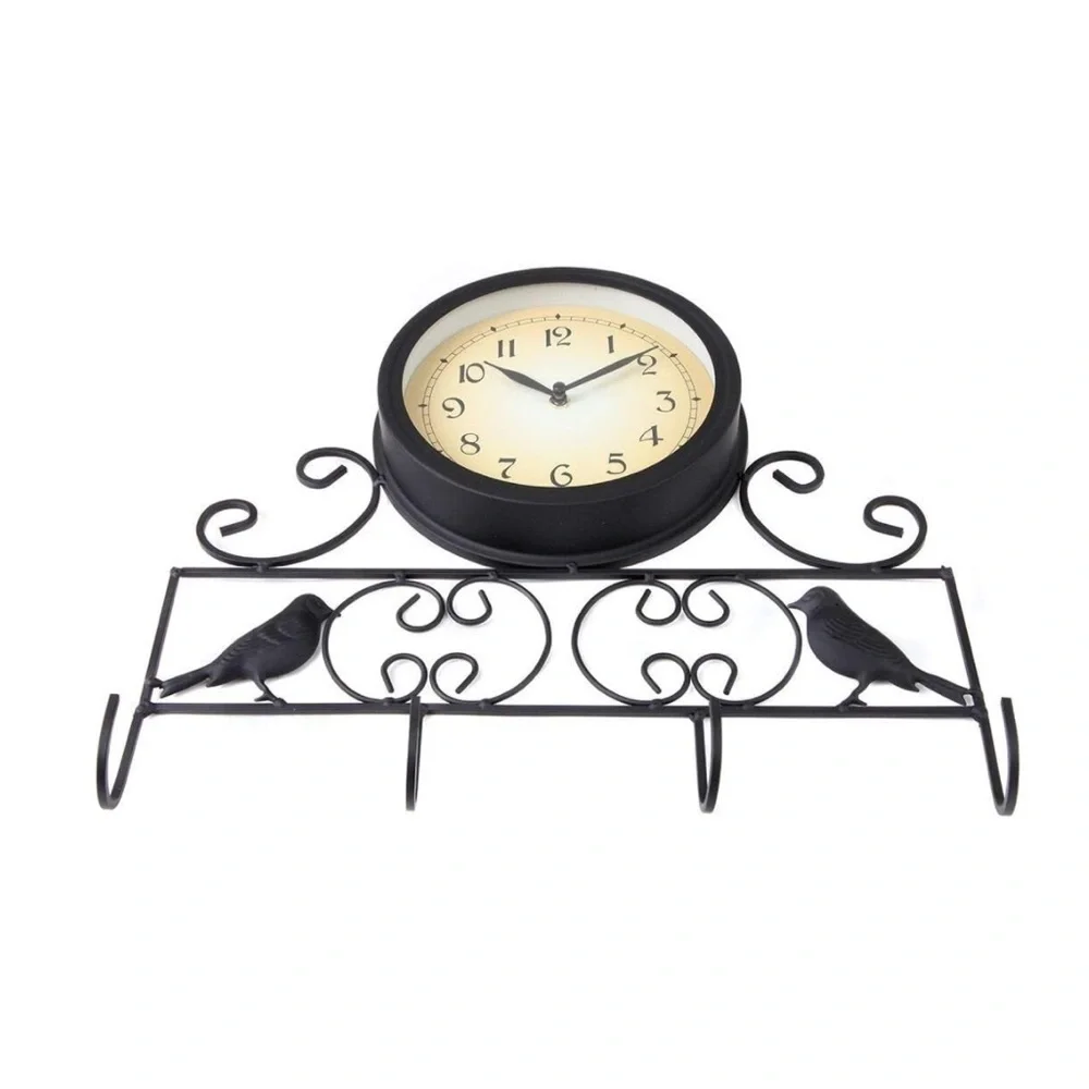 LILYS HOME Sparrow Bird Wall Clock Key Holder  Hook Rack Combo Black Iron